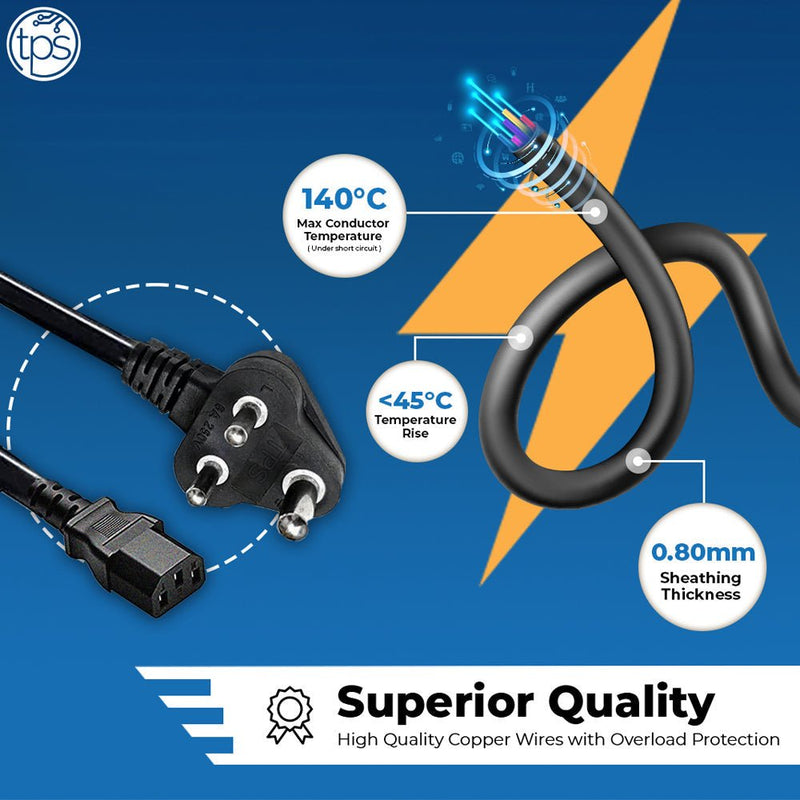 TPS Replacement Desktop Power Cable Cord (1.5 Meter) BIS Certified - 3 Pin Indian Plug - SWIFT PERIPHERALSTPS-DPC-S10-BI-BL