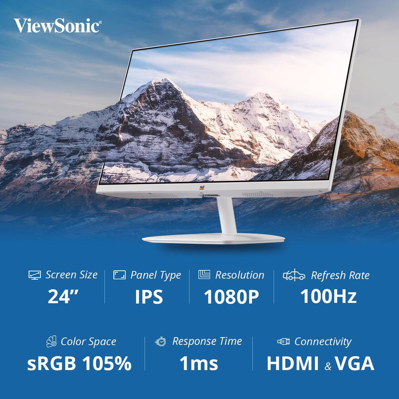 ViewSonic 24 Inch Full HD IPS 100Hz AMD Free Sync 1080p IPS White Monitor with Frameless Design - SWIFT PERIPHERALSVA2432-H-W