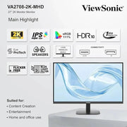 ViewSonic  27″ 100 Hz 1 ms VA2708‑2K‑MHD QHD Monitor with Built - in Speakers - SWIFT PERIPHERALSVA2708‑2K‑MHD