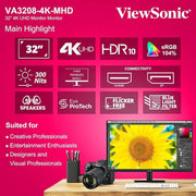 ViewSonic 32″ 4K UHD VA Monitor HDR10 Built‑in Speakers VA3208‑4K‑MHD - SWIFT PERIPHERALSVA3208-4K-MHD