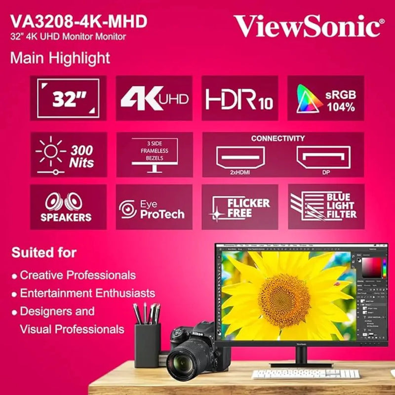 ViewSonic 32″ 4K UHD VA Monitor HDR10 Built‑in Speakers VA3208‑4K‑MHD - SWIFT PERIPHERALSVA3208-4K-MHD