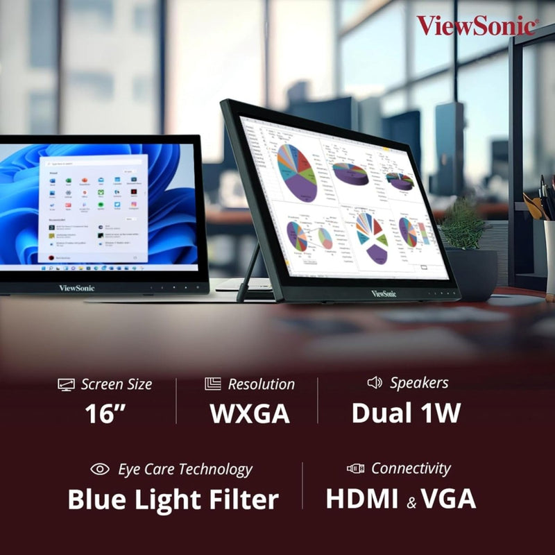 VIEWSONIC TD1630 - 3 40.64 CM(16") TOUCH PORTABLE MONITOR WITH10 - POINT CAPACITIVE TOUCH | ADVANCED ERGONOMIC | 7H HARDNESS SCREEN | EYECARE | INTEGRATED SPEAKERS| VGA| HDMI |USB 2.0 TYPE B - SWIFT PERIPHERALS1089310
