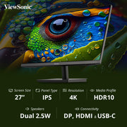 VIEWSONIC VA2709U - 4K 68.58 CM (27") SUPERCLEAR IPS 4K UHD MONITOR | SINGLE CABLE SOLUTION | 65W LAPTOP CHARGE BACK | HDR10 | EYE PROTECH | DUAL SPEAKER HDMI | DP | USB - C - SWIFT PERIPHERALS1092592