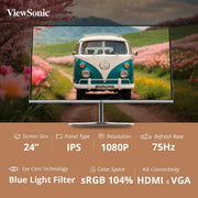ViewSonic VX2476 - SH 24" 75Hz 1920x1080 FHD IPS Frameless Panel sRGB Monitor - SWIFT PERIPHERALSVX2476-SH
