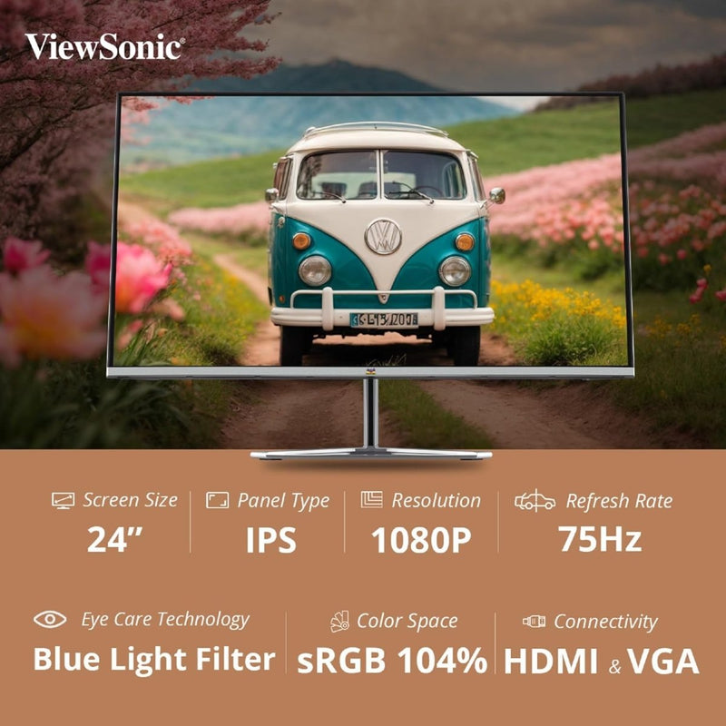 ViewSonic VX2476 - SH 24" 75Hz 1920x1080 FHD IPS Frameless Panel sRGB Monitor - SWIFT PERIPHERALSVX2476-SH