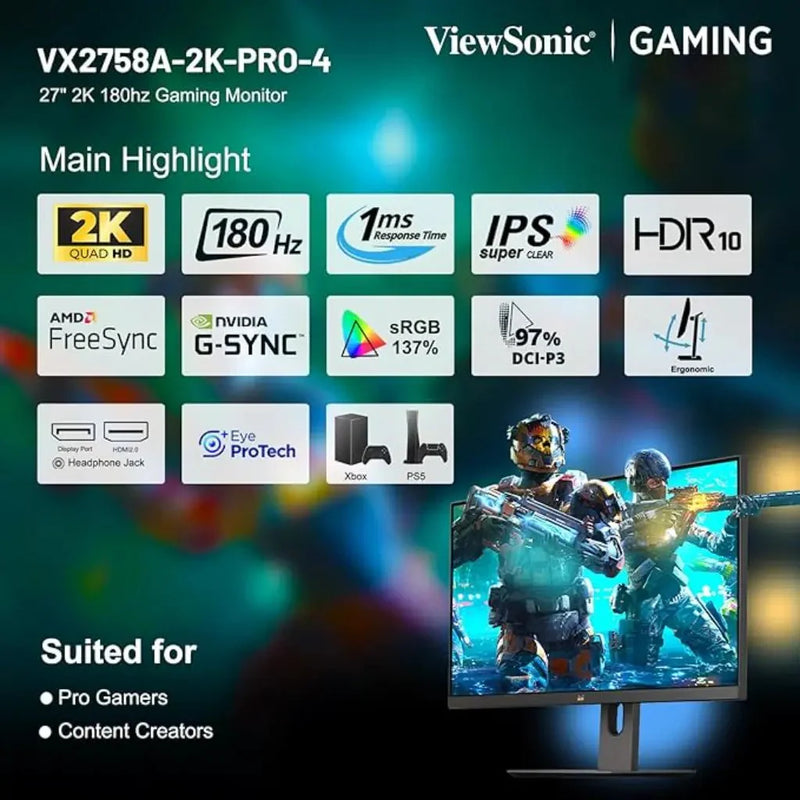 ViewSonic VX2758A‑2K‑PRO‑4 27″ QHD 180 Hz SuperClear® IPS Gaming Monitor - SWIFT PERIPHERALSVX2758A-2K-PRO-4