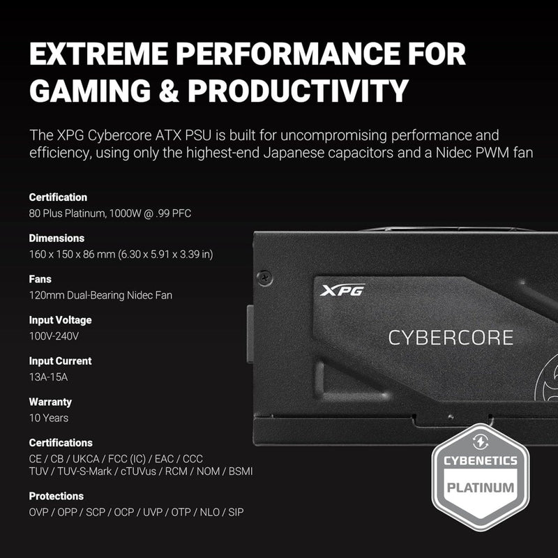 XPG CYBERCORE 1000W 80 PLUS PLATINUM FULLY MODULAR SMPS - SWIFT PERIPHERALS1083120